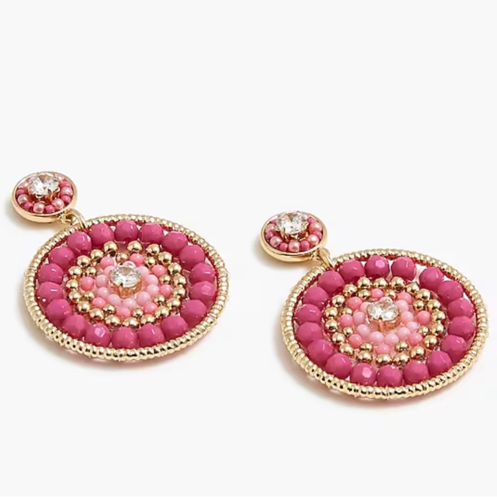 NWT J.Crew Beaded Circle Statement Earrings, Gold, Pink Color